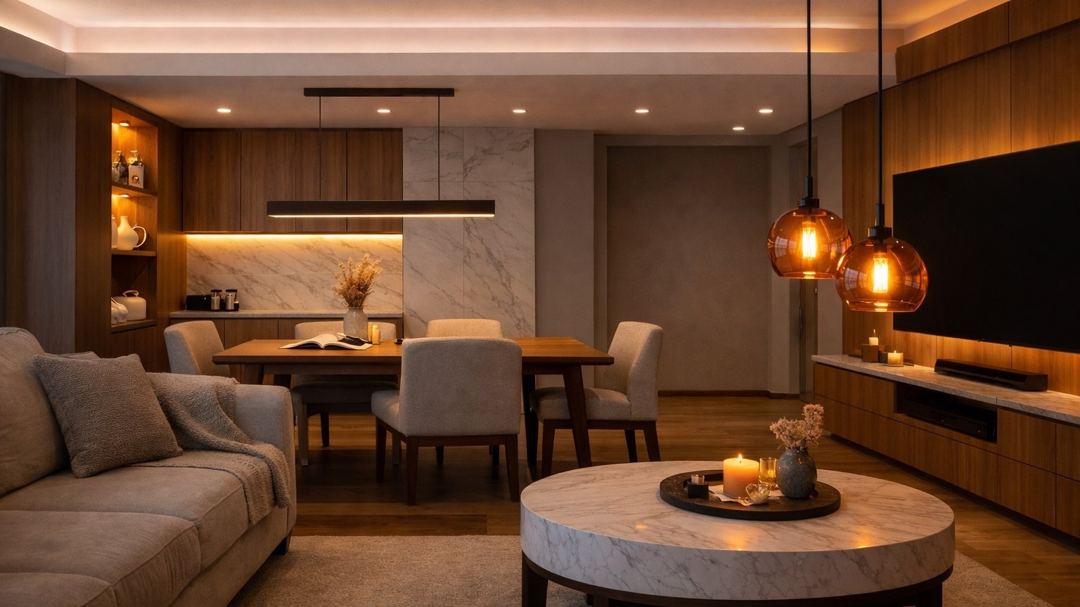 Распределение света в кухне-гостиной