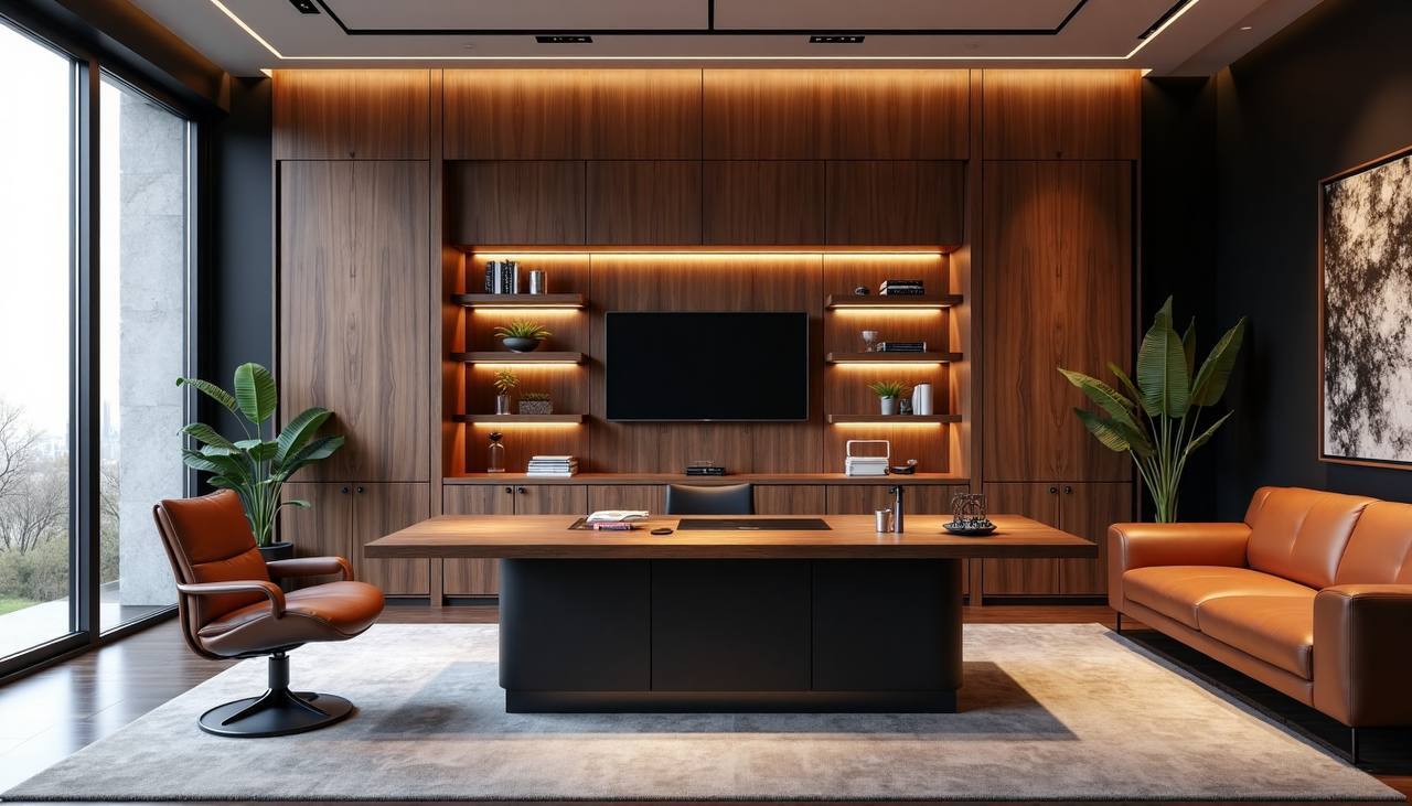 Шпон ореха в сочетании с кожей создает в кабинете ощущение сдержанного премиума