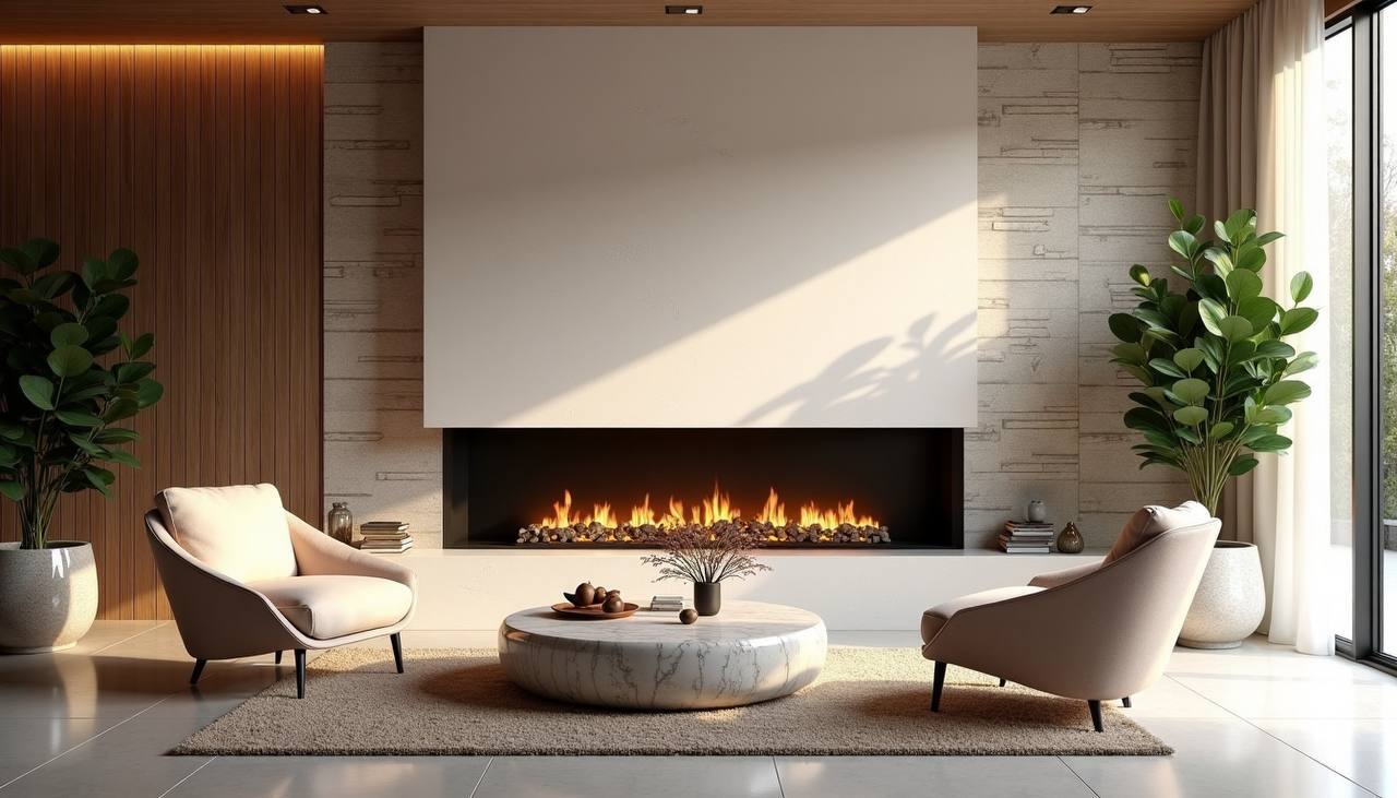 Линейный камин в центре гостиной