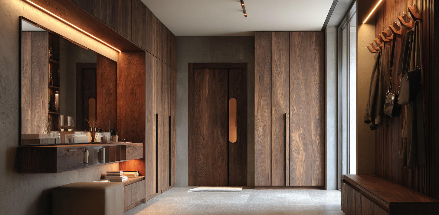 Мебель в натуральном шпоне — один из самых выразительных форматов премиальной мебели