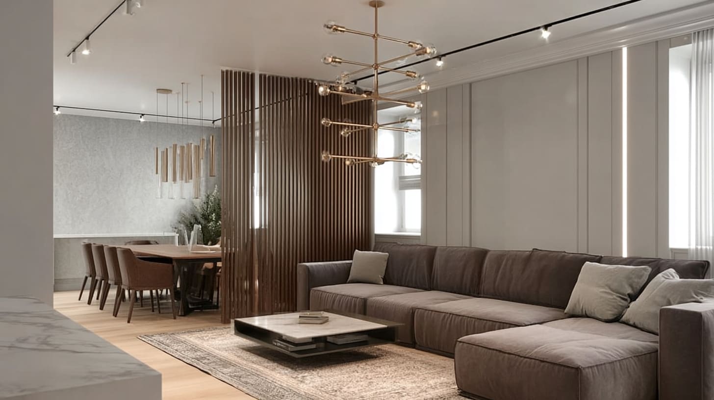 Интерьер кухни‑гостиной, разделённый на отдельные зоны Интерьер кухни‑гостиной, разделённый на отдельные зоны