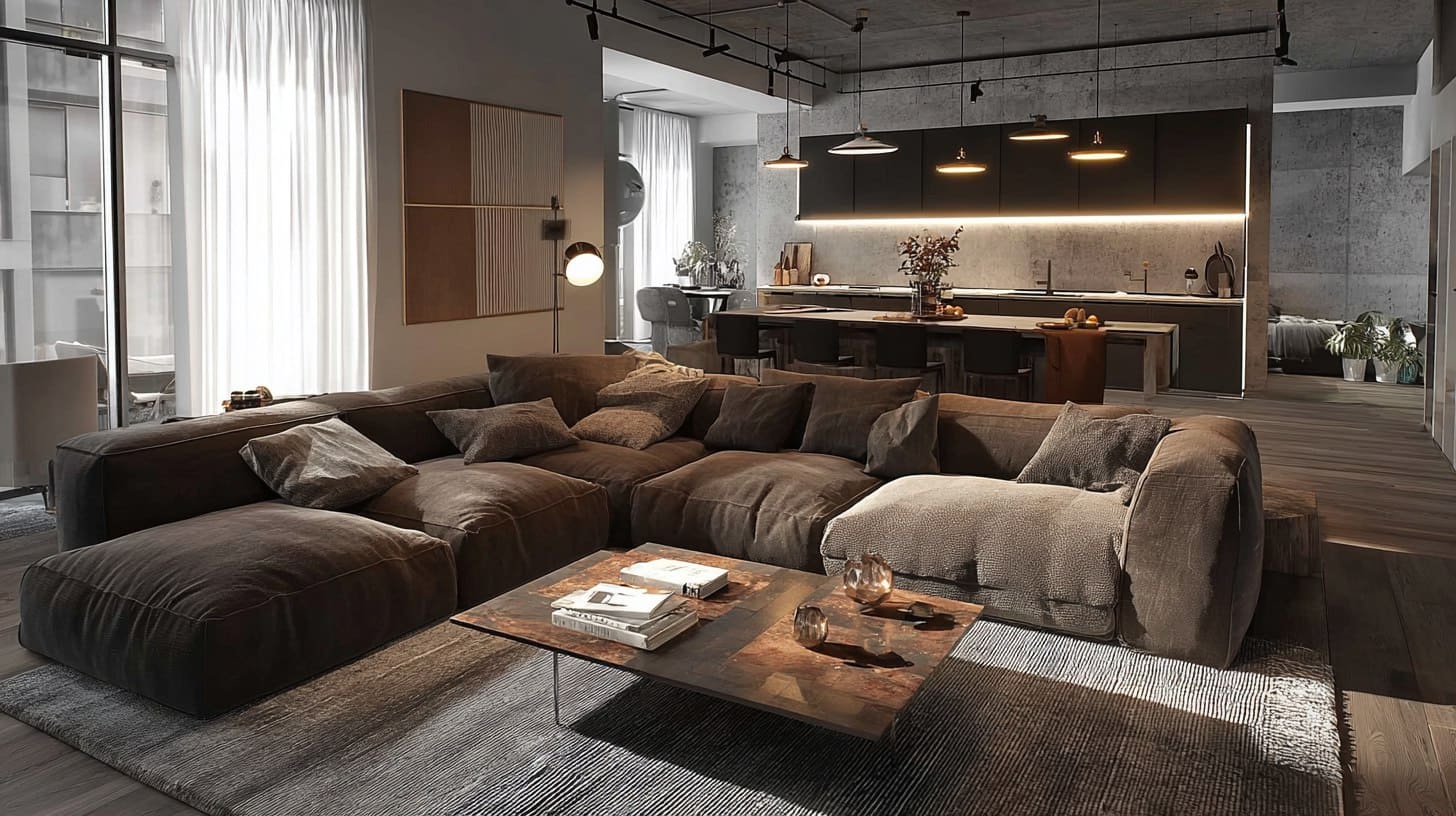 Интерьер кухни‑гостиной, в которой удачно совмещены функциональность и удобные проходы Интерьер кухни‑гостиной, в которой удачно совмещены функциональность и удобные проходы