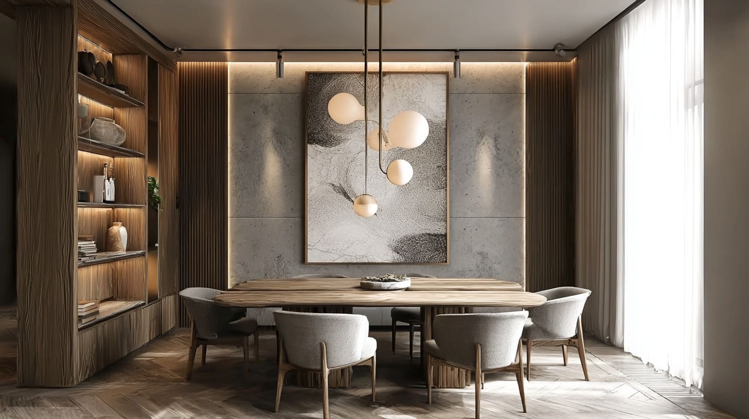 Натуральное сочетание шпона и массива в обеденной зоне создаёт тёплое, живое ощущение Натуральное сочетание шпона и массива в обеденной зоне создаёт тёплое, живое ощущение