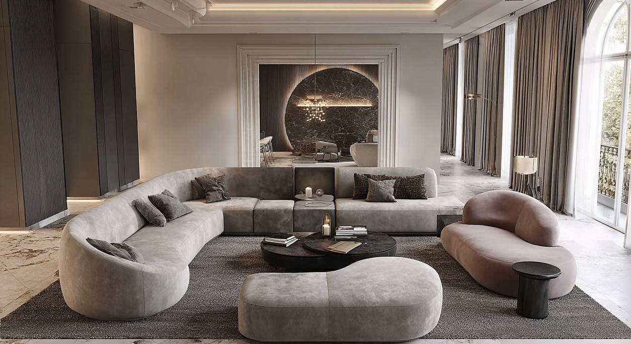 Интерьер&nbsp;гостиной&nbsp;премиум‑уровня&nbsp;с мебелью&nbsp;плавной&nbsp;геометрии