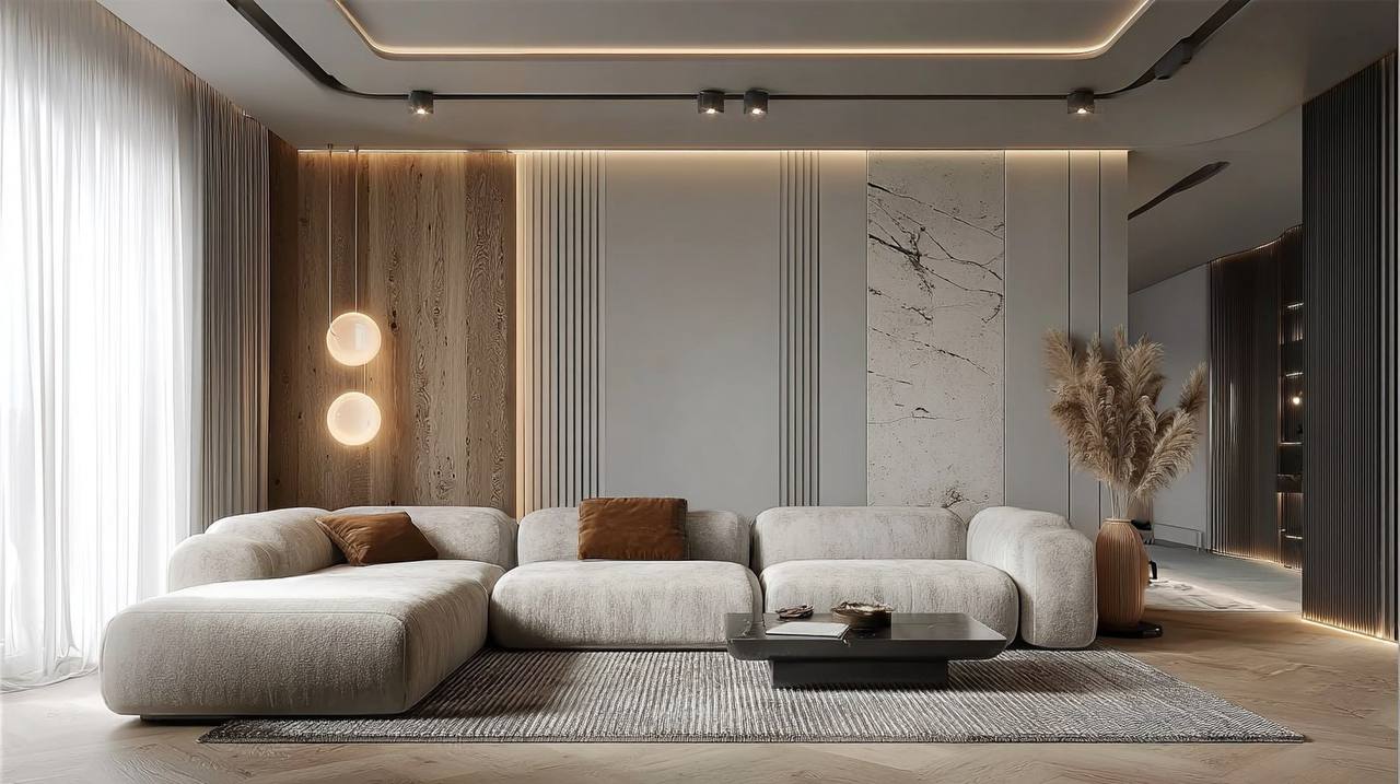 Стильный&nbsp;диван&nbsp;&nbsp;в пастельном&nbsp;оттенке&nbsp;букле