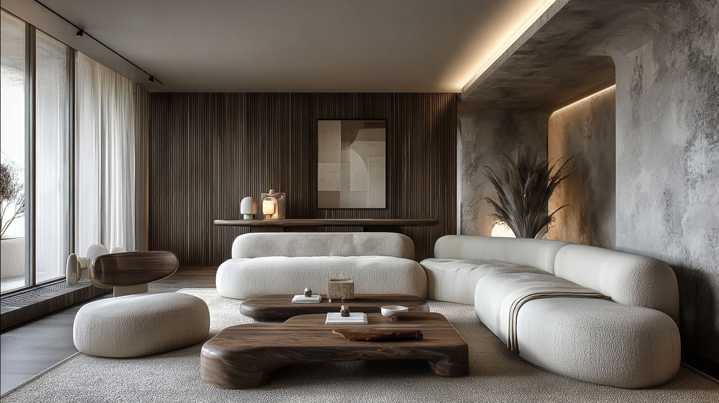 Современный диван в фактурной ткани букле, дополненный журнальными столиками из натурального дерева Современный диван в фактурной ткани букле, дополненный журнальными столиками из натурального дерева