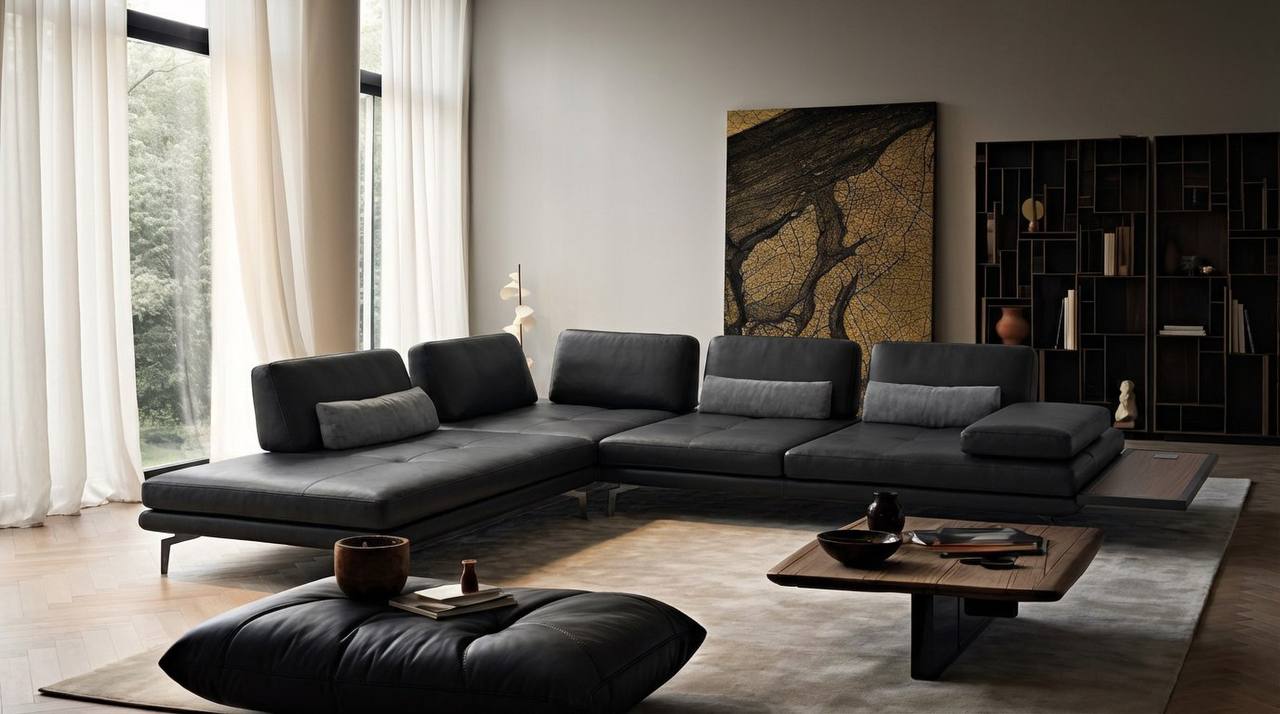 Стильный кожаный диван Armoni со встроенным столиком и регулируемыми изголовьем и подлокотником Стильный кожаный диван Armoni со встроенным столиком и регулируемыми изголовьем и подлокотником