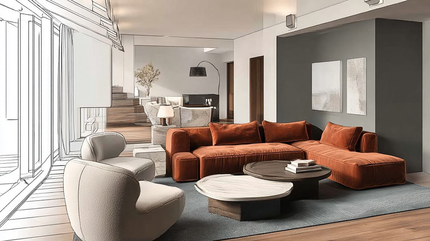 Предварительная 3D-визуализация гостиной Предварительная 3D-визуализация гостиной