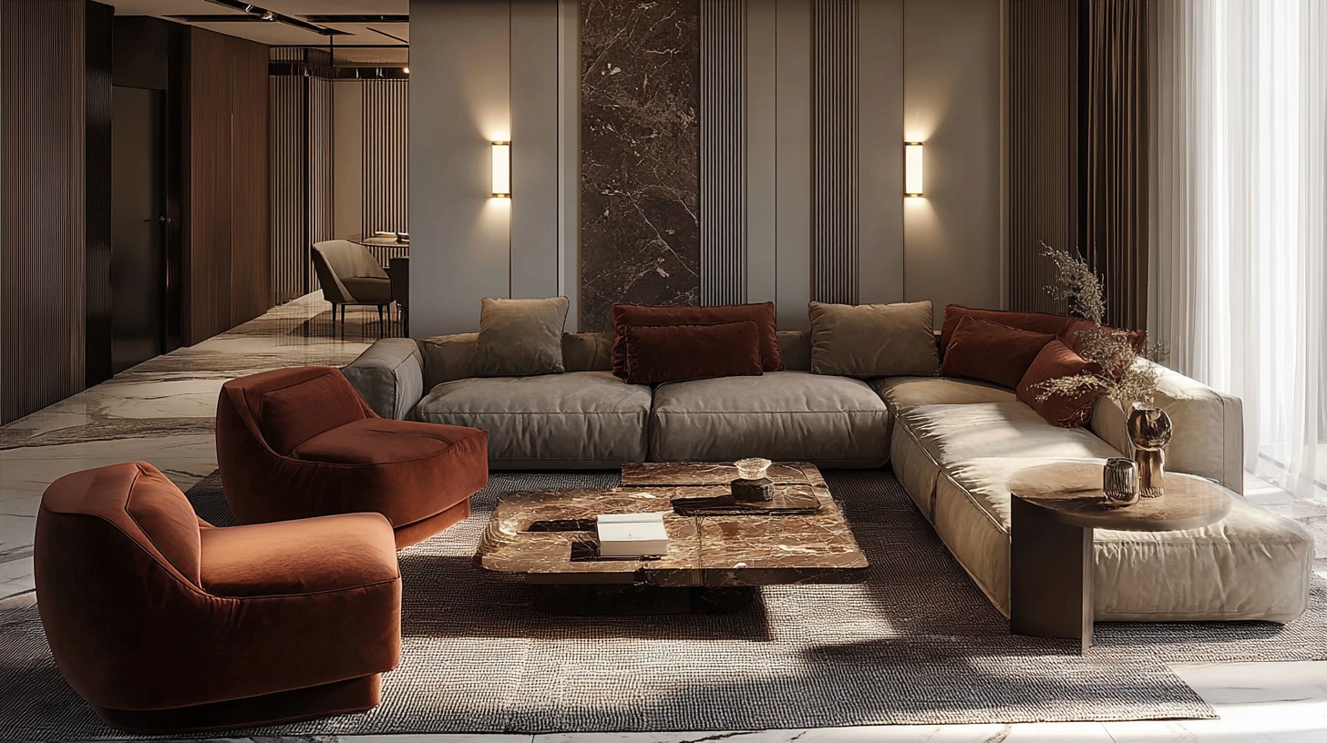 Современный диван в интерьере гостиной в композиции с креслами и другим декором Современный диван в интерьере гостиной в композиции с креслами и другим декором