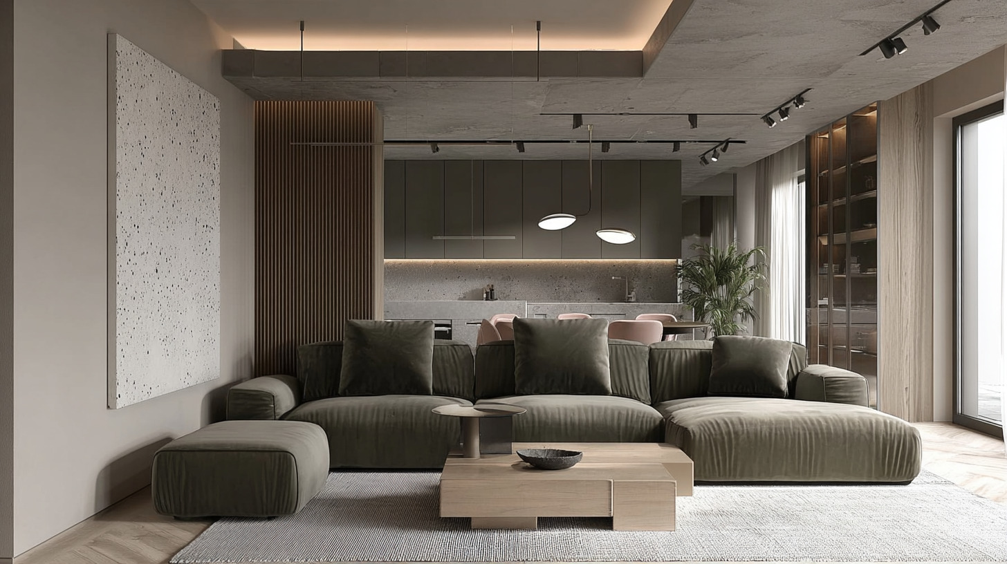 Угловой диван с высокой спинкой чётко зонирует кухню и гостиную Угловой диван с высокой спинкой чётко зонирует кухню и гостиную