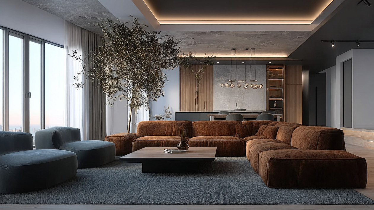 Модульный диван в акцентном цвете с объемными подлокотниками Модульный диван в акцентном цвете с объемными подлокотниками