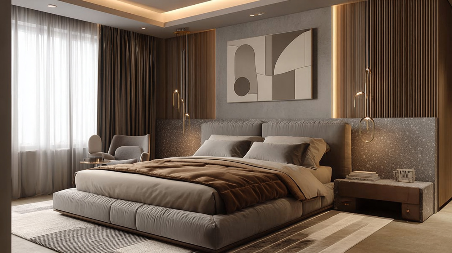 Мягкая дизайнерская кровать в тканевой обивке Мягкая дизайнерская кровать в тканевой обивке