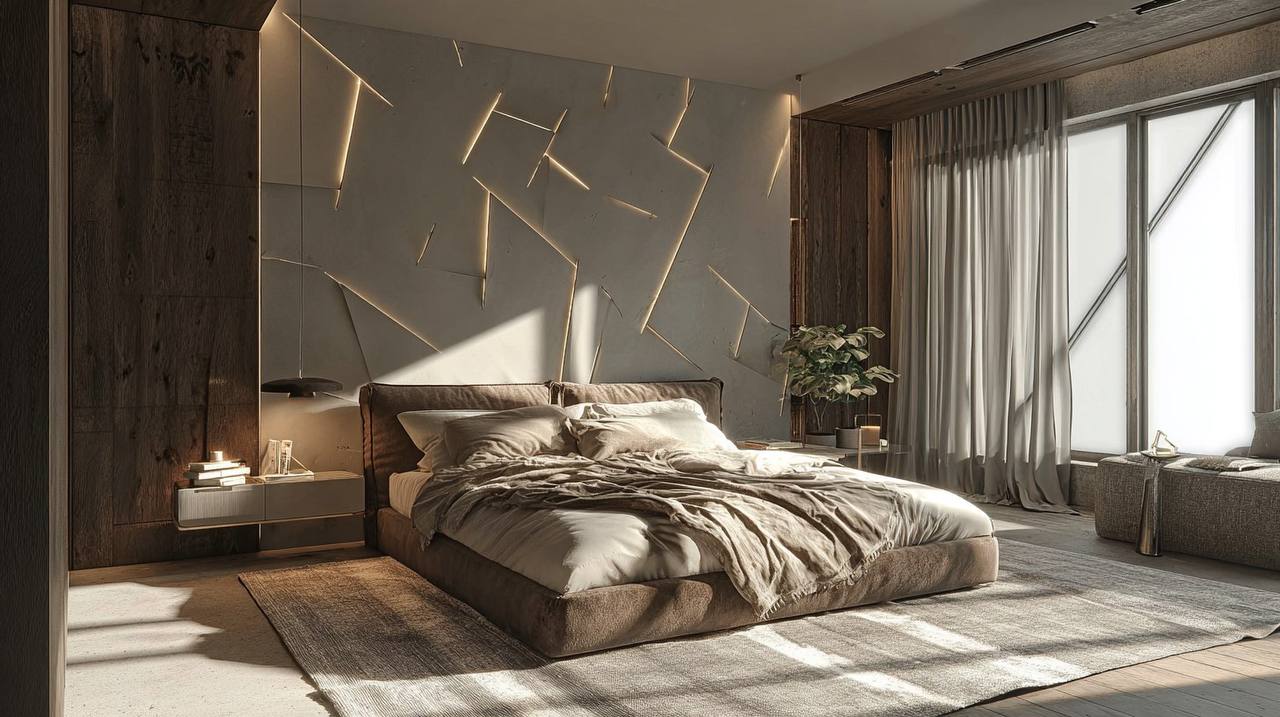 Функциональная кровать с подъемным механизмом в дизайнерском интерьере спальни Функциональная кровать с подъемным механизмом в дизайнерском интерьере спальни