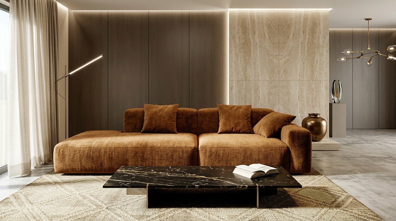 Модульный диван в мягком шенилле карамельного цвета