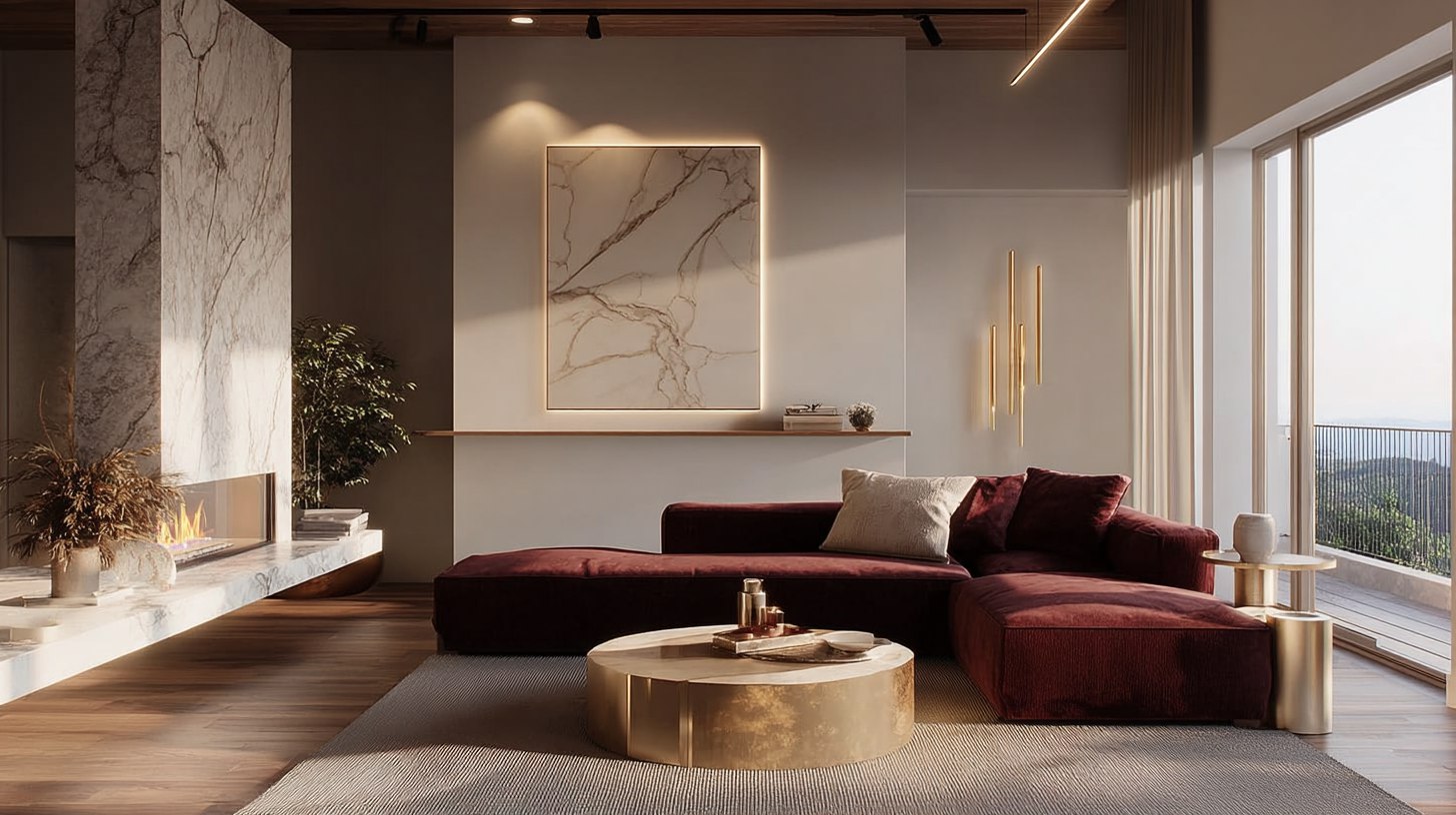 Яркий диван в акцентном бордовом цвете в центре гостиной