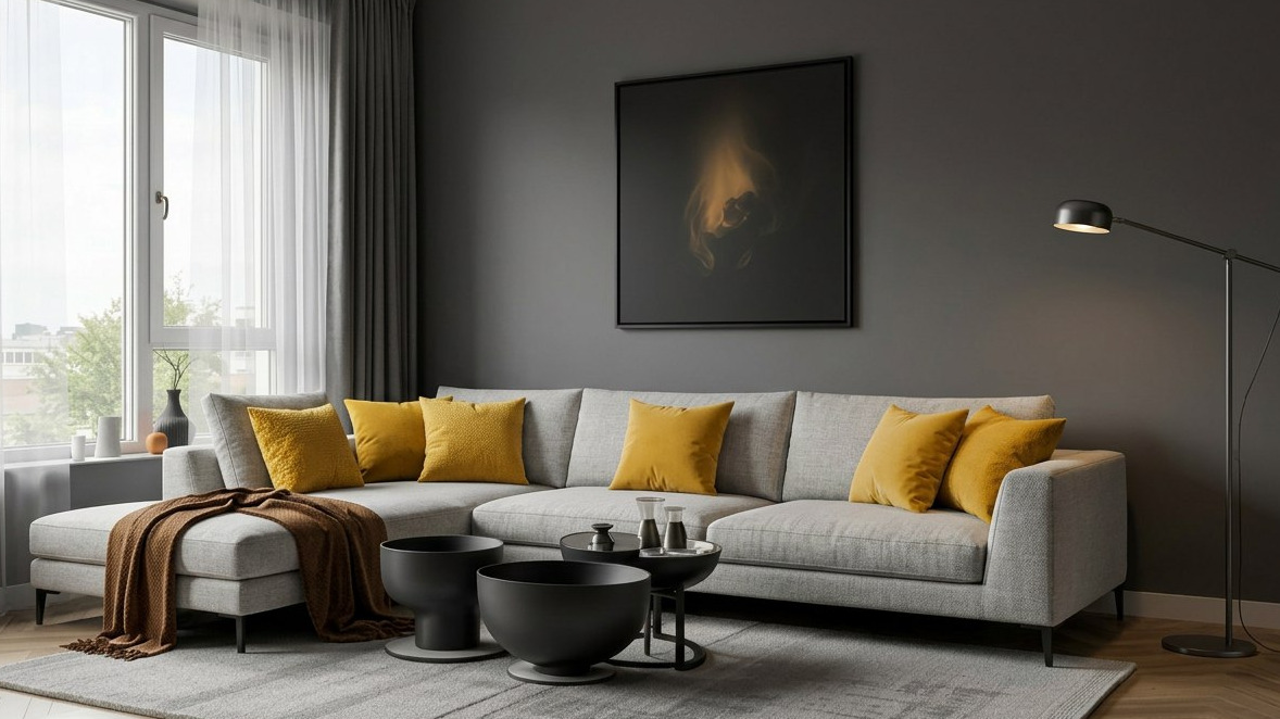 Угловой&nbsp;диван&nbsp;в&nbsp;светло‑сером&nbsp;шенилле&nbsp;с&nbsp;яркими&nbsp;контрастными&nbsp;подушками