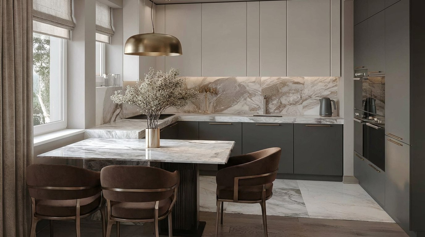 Компактный обеденный стол со светлой керамической столешницей для небольшой кухни 