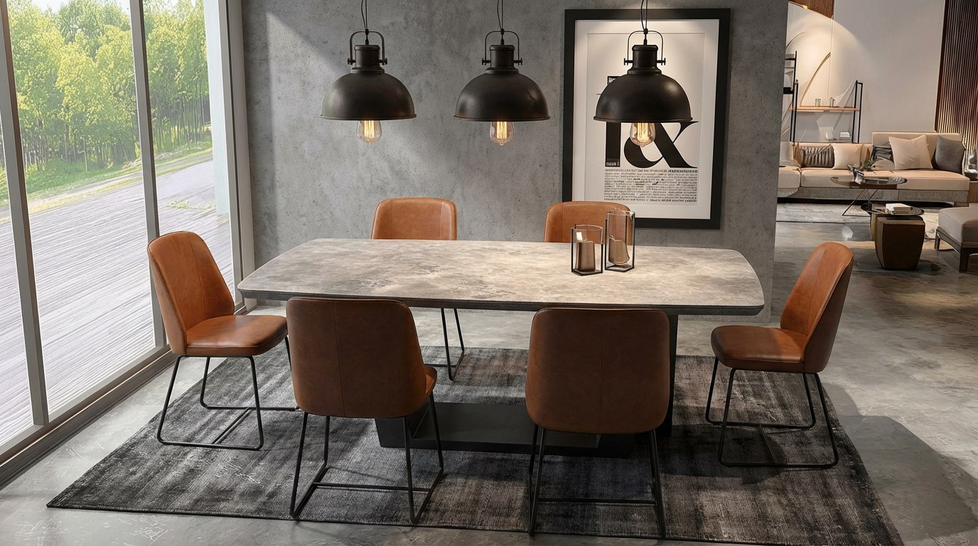 Лофт‑интерьер&nbsp;гостиной&nbsp;дополняет обеденный&nbsp;стол&nbsp;с&nbsp;керамическим покрытием&nbsp;столешницы,&nbsp;имитирующим бетон
