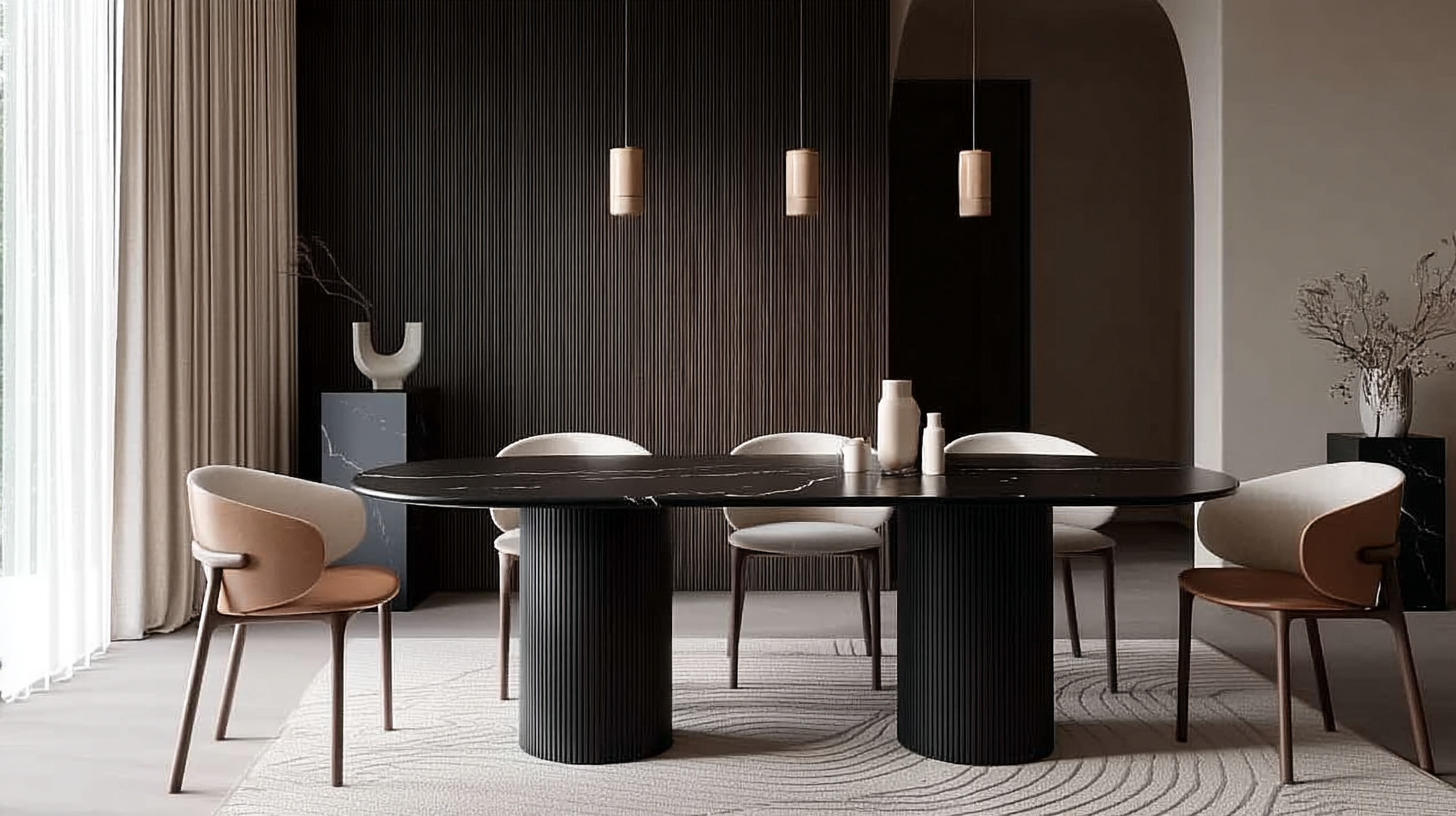 Практичный обеденный стол с керамической столешницей в интерьере гостиной