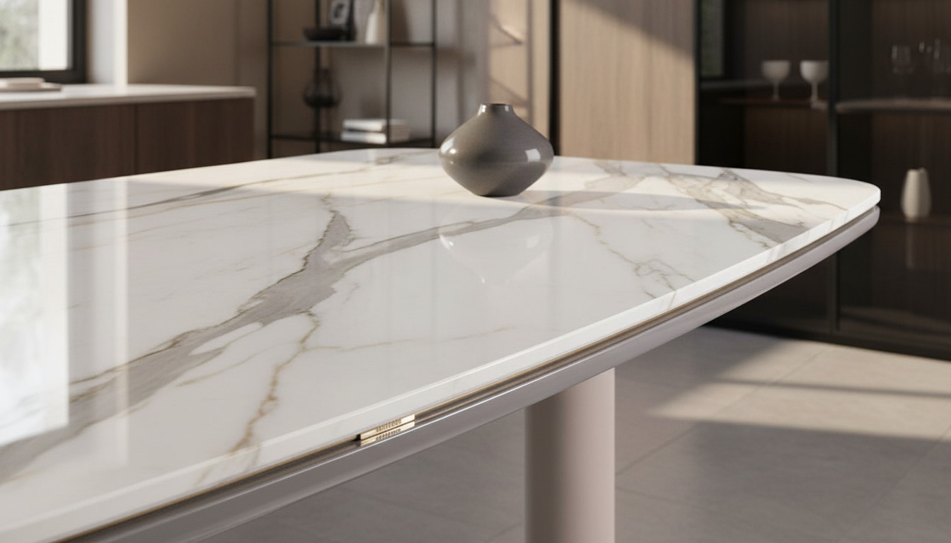 Аккуратный стык керамики и подложки обеденного стола 