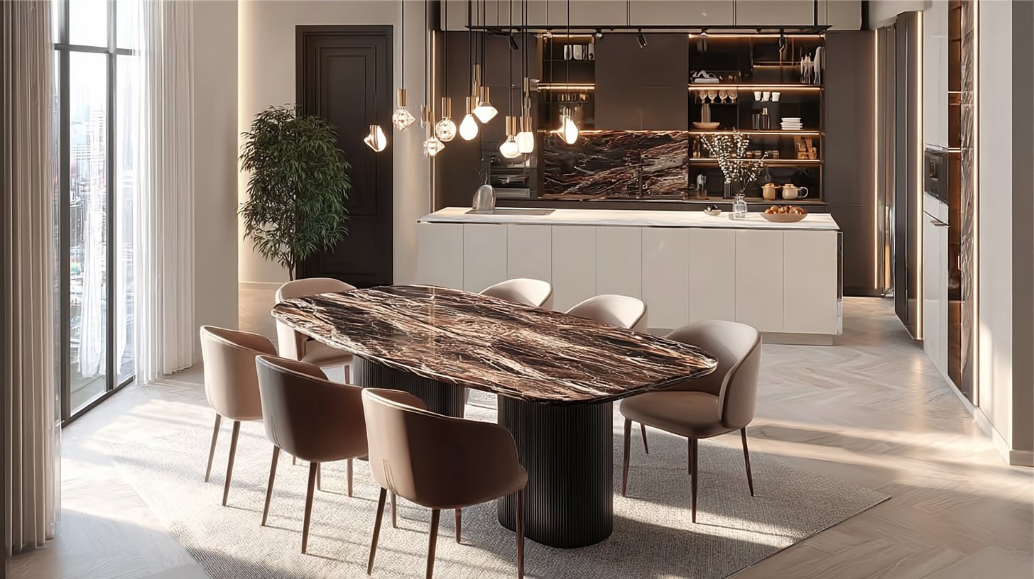 Керамический стол в интерьере кухни-гостиной