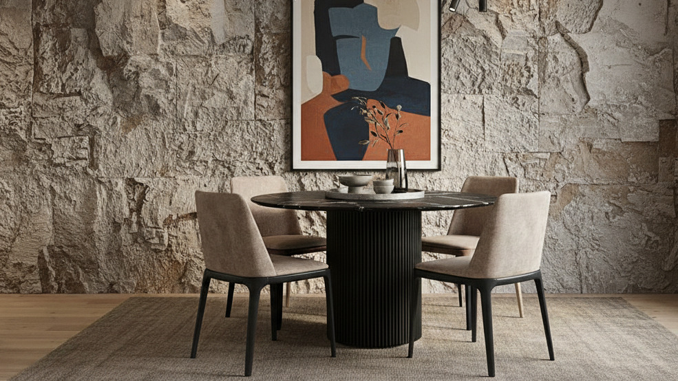 Круглый обеденный стол Refine с керамической столешницей на черном подстолье