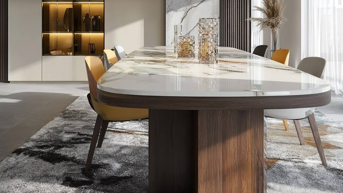 Керамический обеденный стол на подстолье из массива дерева 