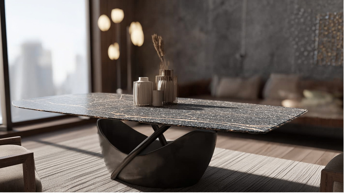 Обеденный стол со столешницей из керамики и металлическим дизайнерским основанием