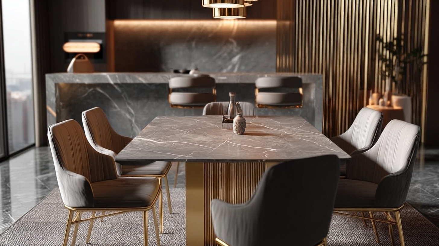 Керамический стол в кухне-гостиной с матовой фактурой темного камня