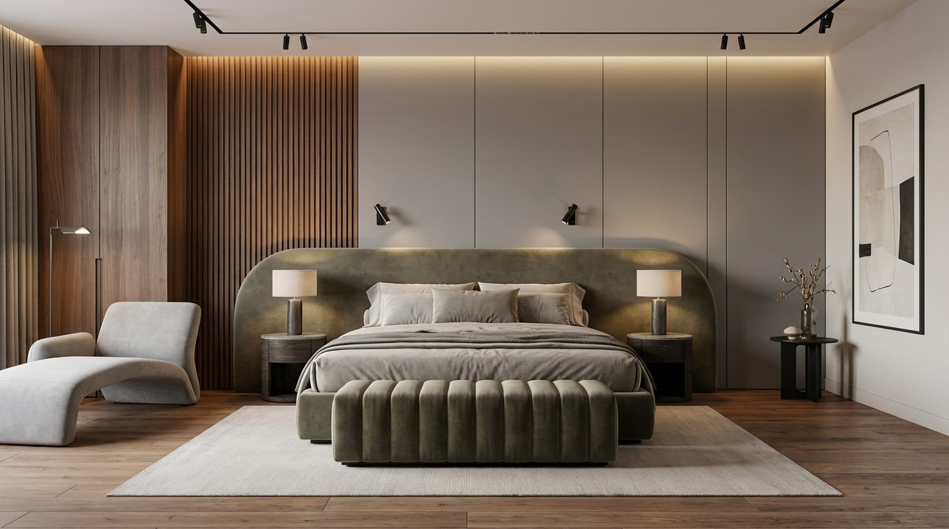 Кровать с подъемным механизмом в интерьере спальни