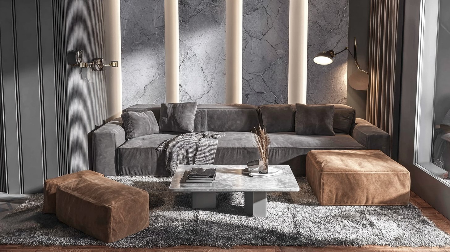 Прямой модульный диван в нише в паре с&nbsp;выразительным&nbsp;контрастным&nbsp;пуфом