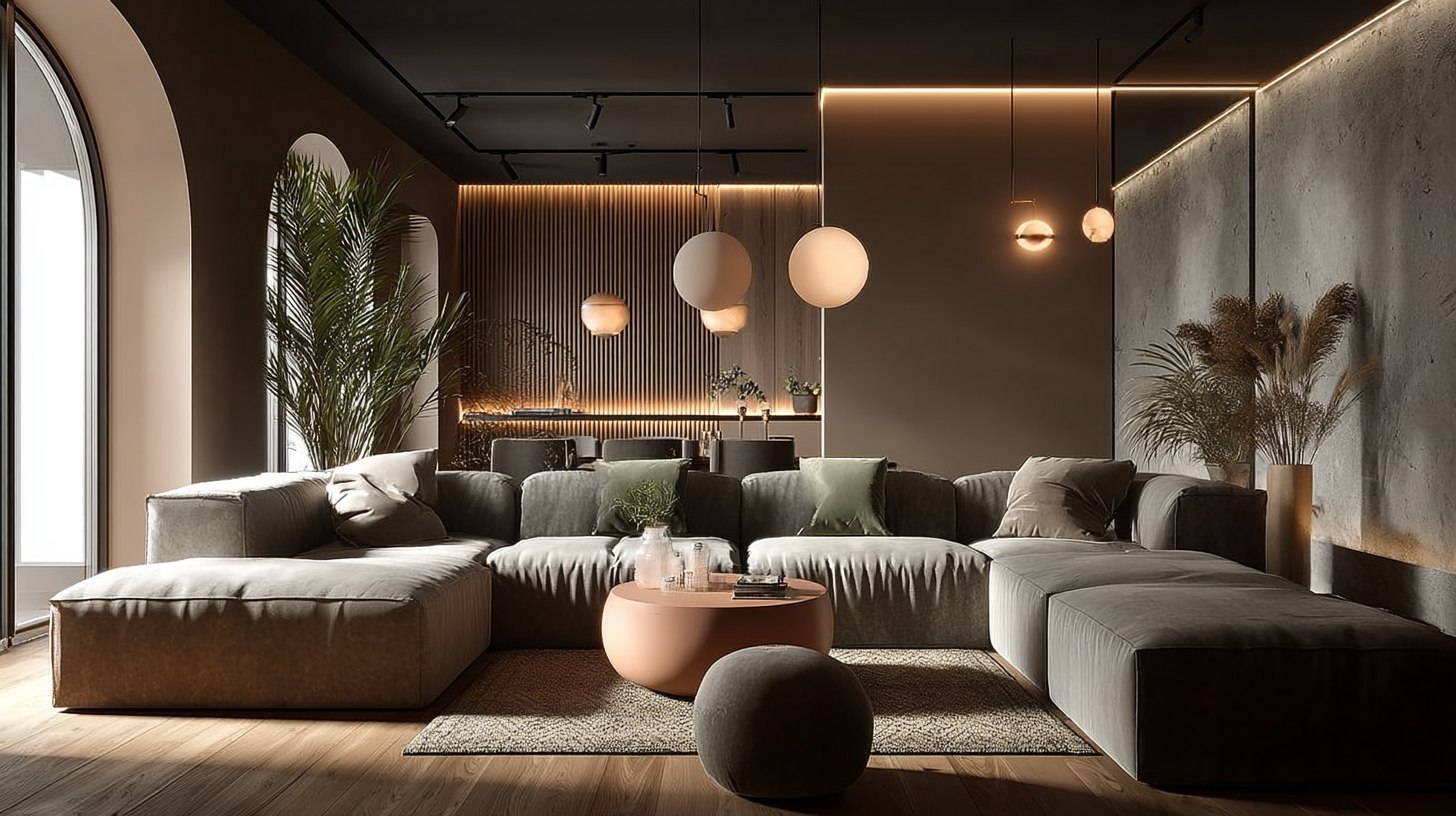 Просторный П-образный модульный диван в гостиной