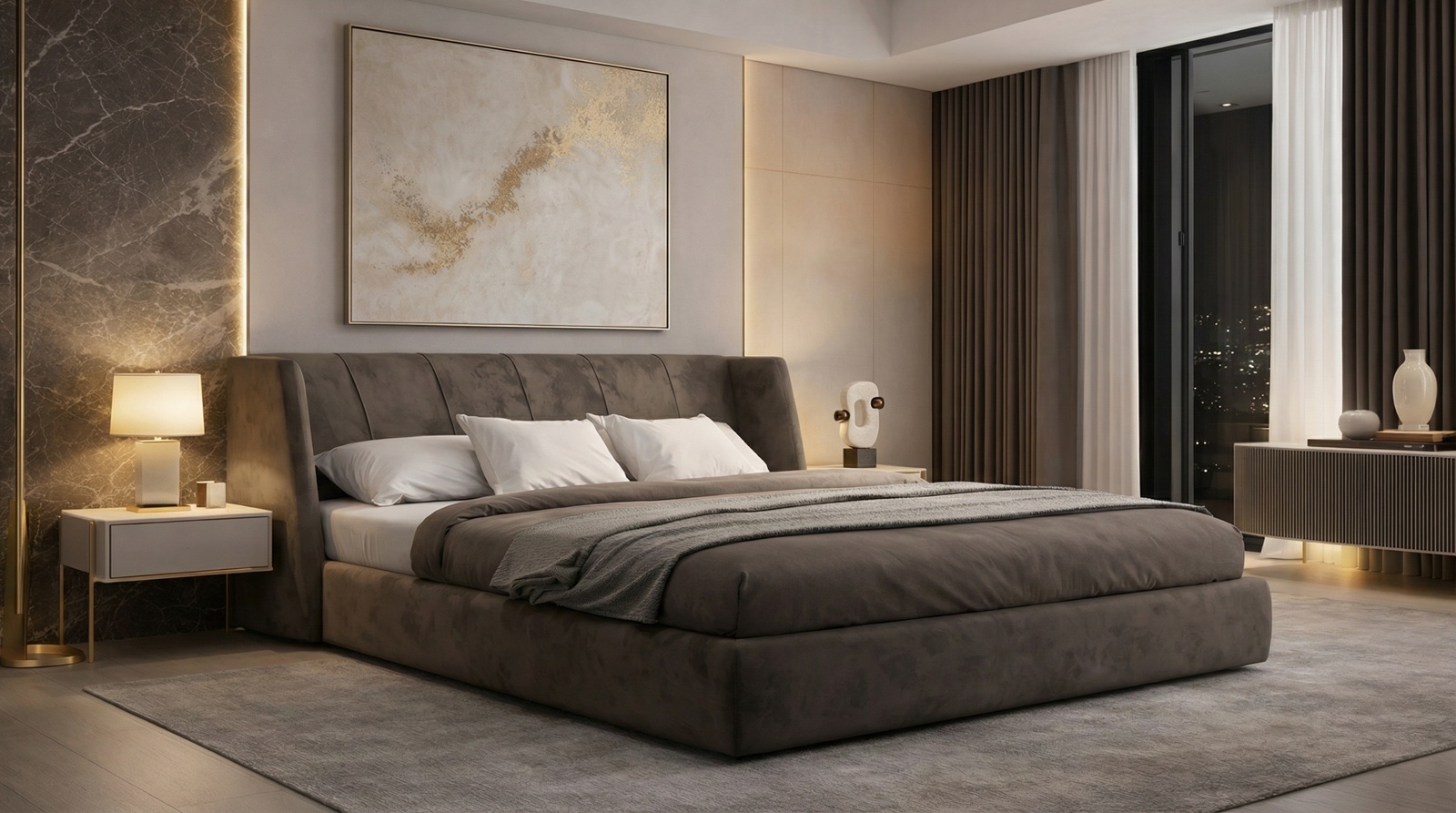 Кровать с плавно закруглёнными боковыми элементами и мягкими краями