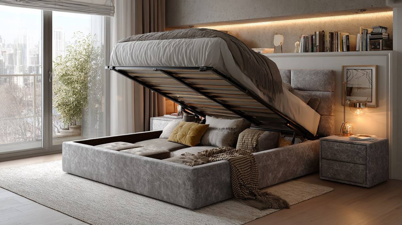Стильная&nbsp;кровать&nbsp;с&nbsp;подъёмным механизмом,&nbsp;совмещающая&nbsp;комфорт&nbsp;и функциональное&nbsp;хранение
