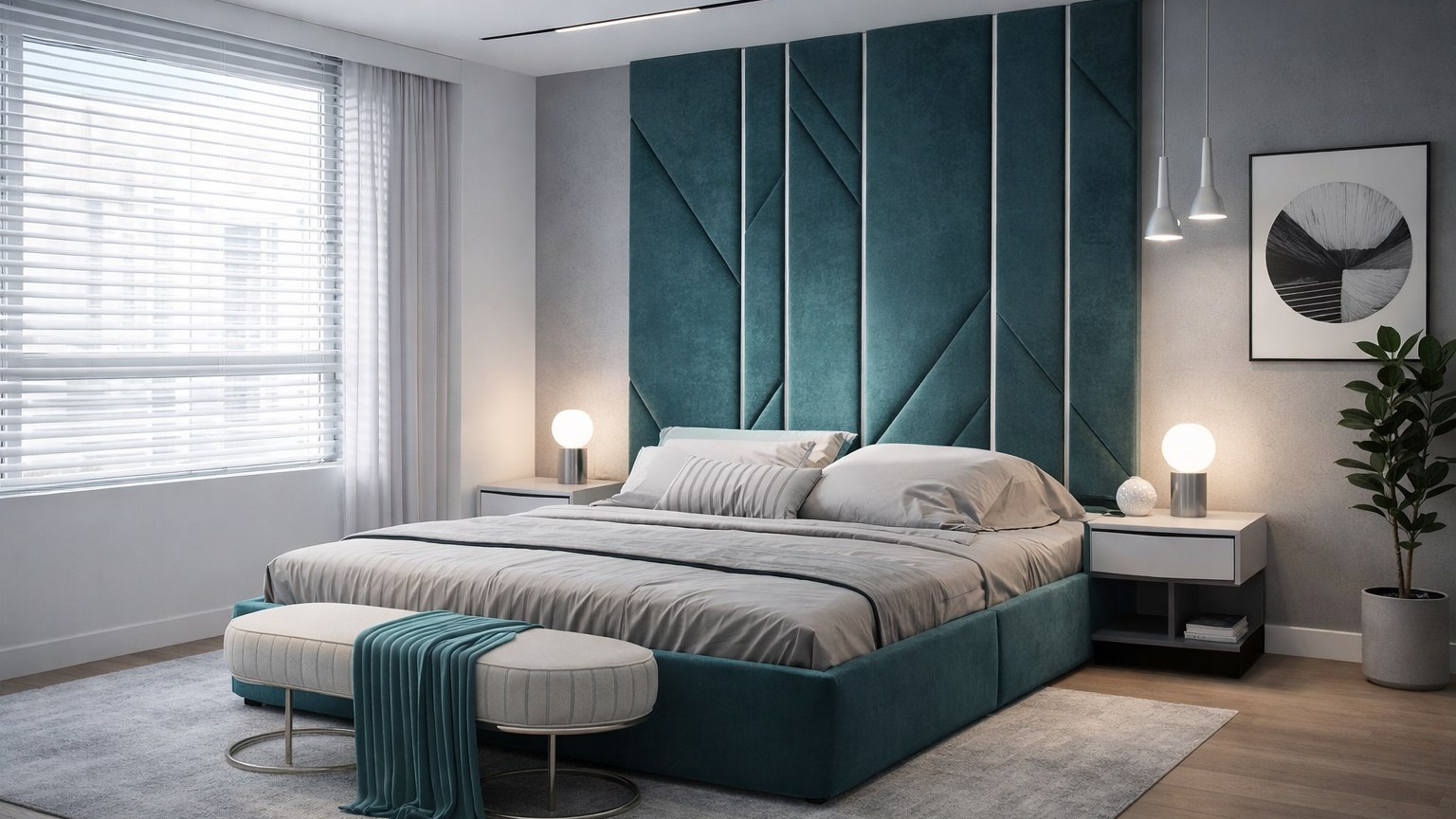 Кровать с высоким дизайнерским изголовьем