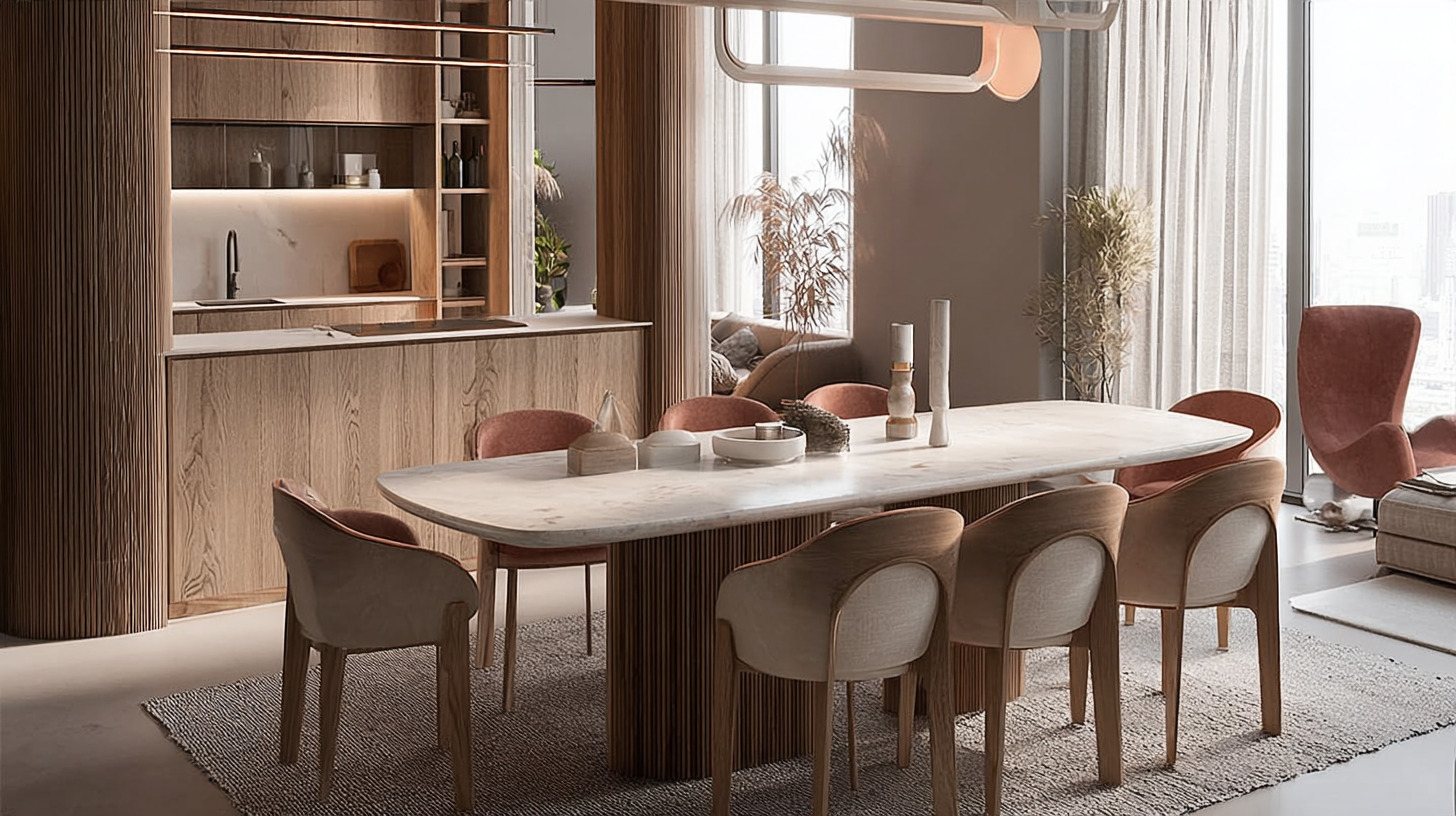 Современный керамический стол в сочетании с мягкими стульями на деревянном каркасе