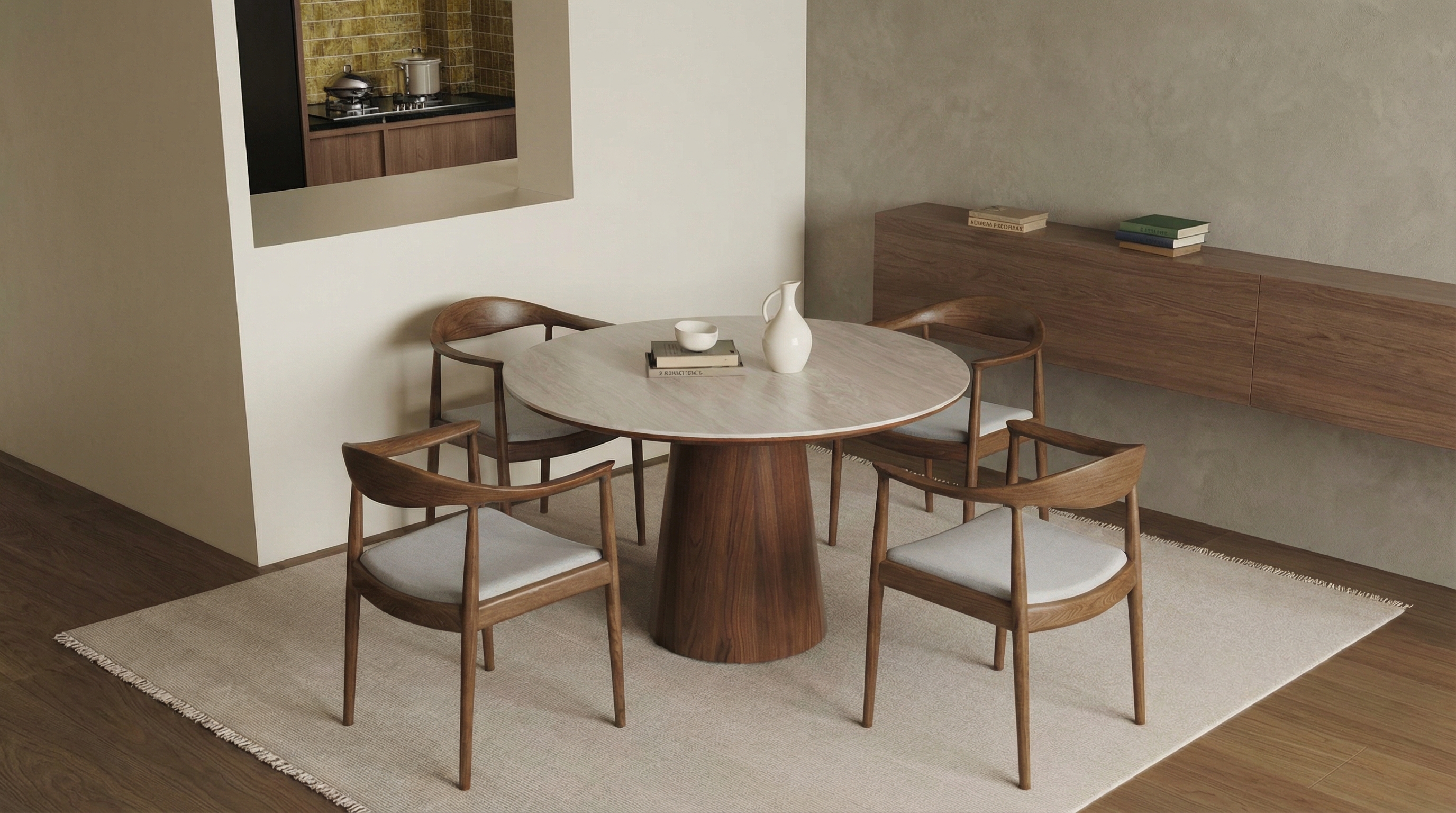 Круглый стол в сочетании с обеденными стульями Deli с подлокотниками