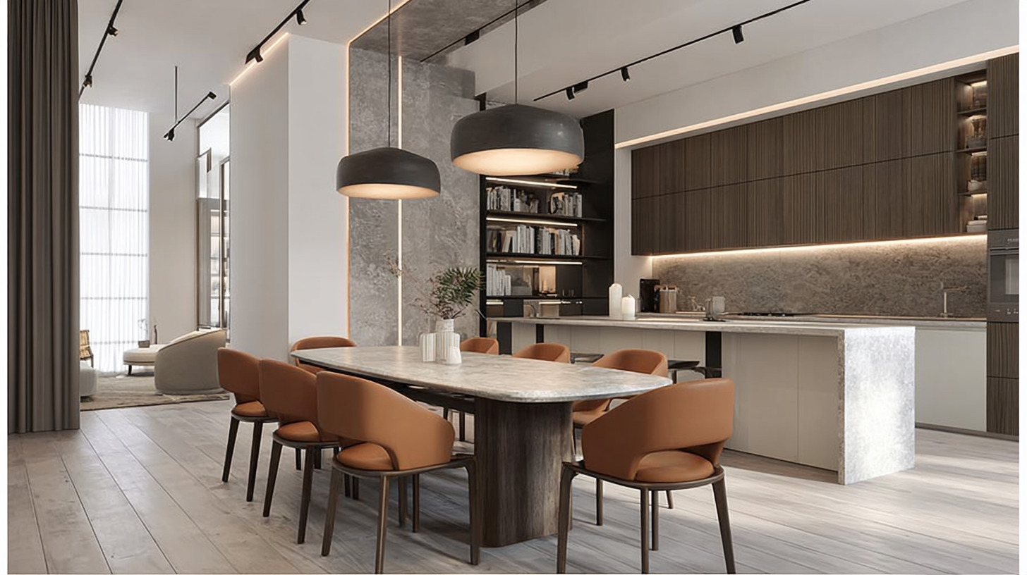 Большая столовая с обеденным столом и двумя группами стульев-кресел