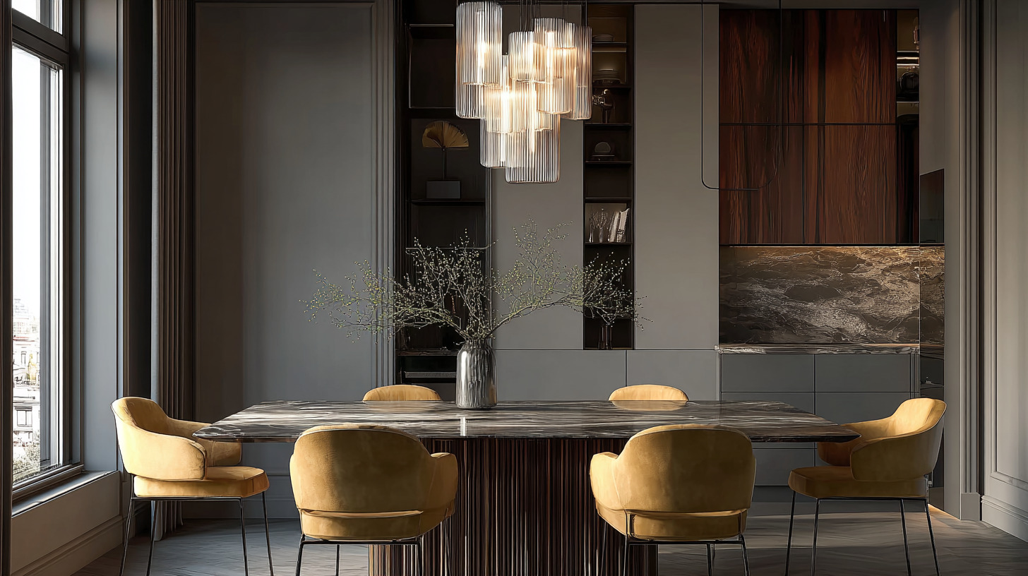 Длинный прямоугольный стол премиум-класса и шесть стульев-кресел