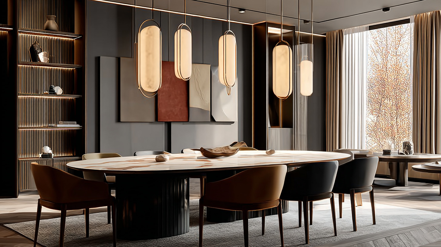 Овальный обеденный стол в центре кухни-гостиной